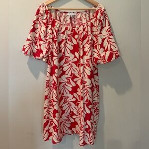 Sara Michelle Red & Cream Leaf Print puff sleeve short flowy summer dress